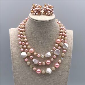 Vintage Pink Pearl Beaded Multi Strand Necklace and Clip On Earring Set